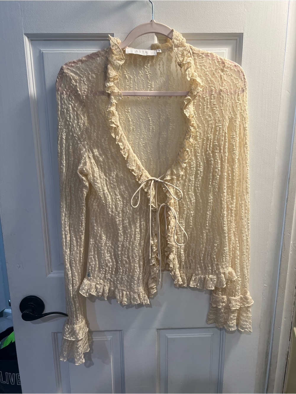 Astr Sheer Cream Ruffle Tie-Front Blouse